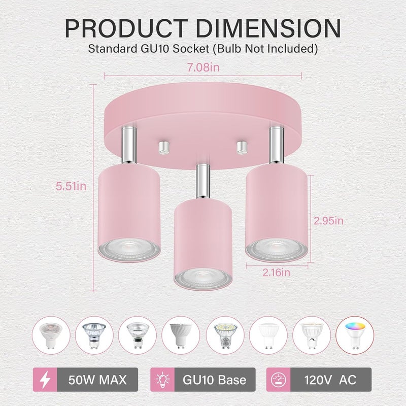 BoostArea LED 3 Light Track Lighting Kit, LED Track Lighting Fixtures, Pink Round Ceiling Spot Lighting, Flexibly Rotatable Light Head for Kitchen, Living Room, Bedroom, GU10 Bulb Not Included - Image 2